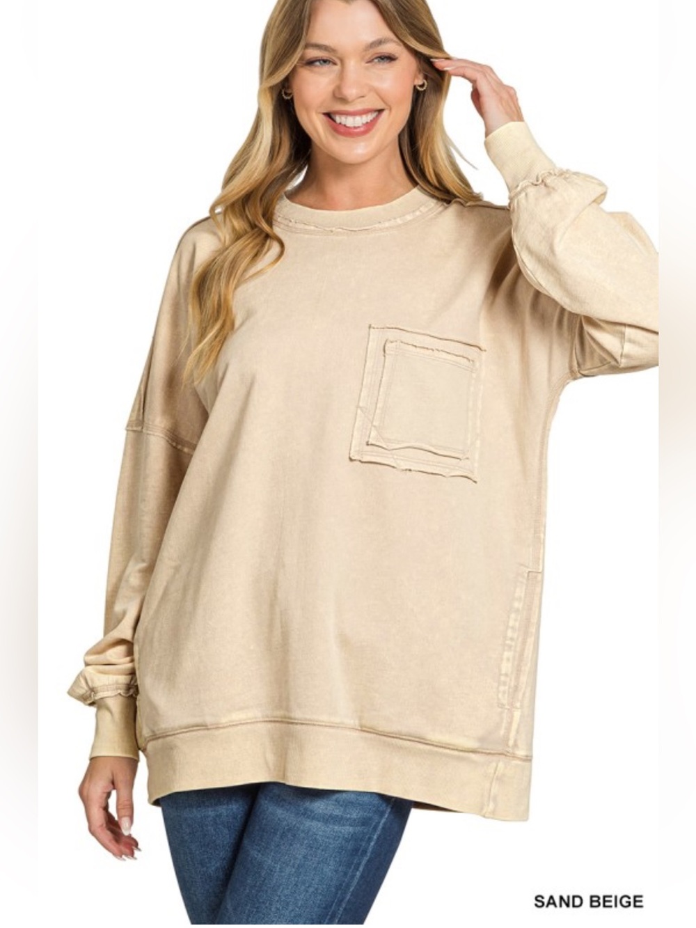 Zenana Sand Beige French Terry Cotton Acid Wash Long Sleeve Sweatshirt